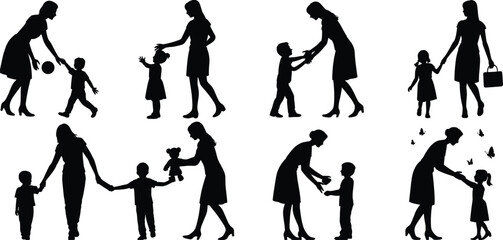 Silhouettes of mother with children, motherhood love, family bonding, playing and walking, caring parent, holding hands, nurturing moments, child interaction, parenting joy, happy family, child care