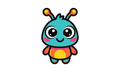 Cute cartoon alien character with big eyes and antennas white background