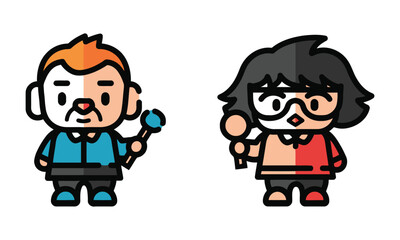 Cute cartoon characters holding miniature objects for games white background