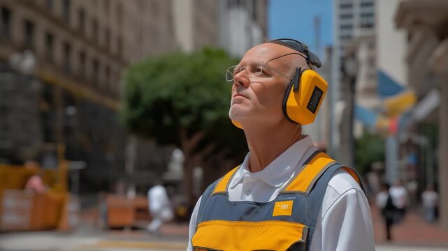 High-detail photo capturing urban noise pollution with construction sounds, a worker in ear protection, a sound meter, and stressed pedestrians on a city street.