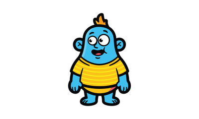 Cute blue cartoon character wearing yellow t-shirt standing white background