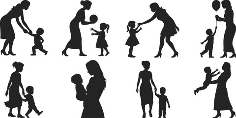 Silhouettes of mothers with children, motherhood love, family care, holding hands, playing, bonding moments, child and parent, nurturing, parenthood, baby, toddler, happy family, parenting joy