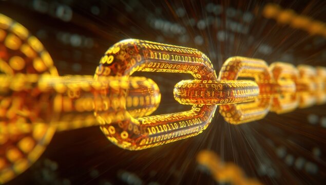 Golden chain link, binary code, digital - Powered by Adobe