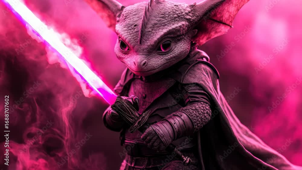 Poster A whimsical fantasy creature in a cloak holds a vibrant neon sword in a misty atmosphere, creating a captivating and mystical scene filled with adventure.