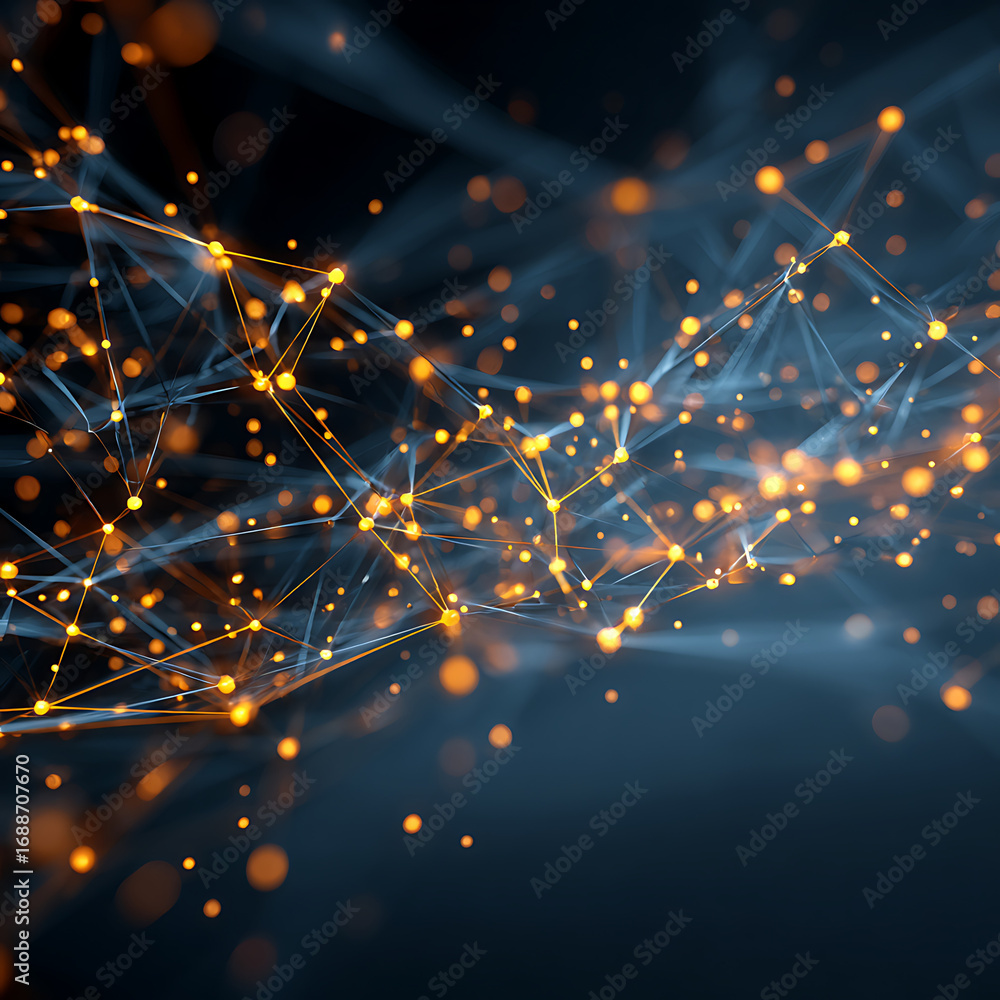 Poster dynamic abstract network with glowing nodes, representing connections, data, and modern technology i