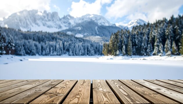 Wooden deck overlooking a snowy mountain lake