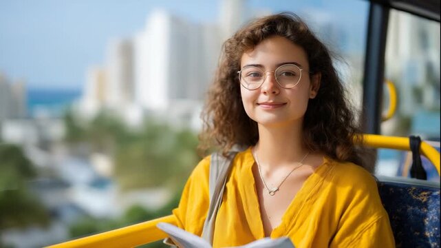 A student studies flashcards on a bus, surrounded by a notebook, water bottle, and cityscape view, captured in ultra high detail 8K.