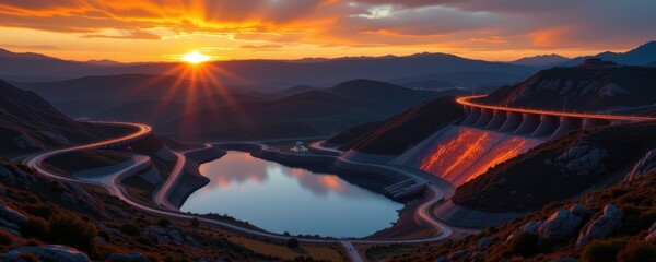 futuristic pumped hydro reservoirs with upper and lower lakes glowing under sunset