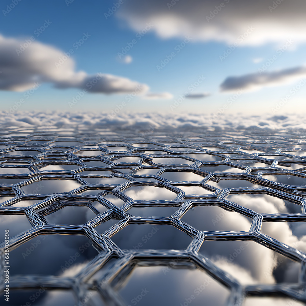 Aufkleber abstract honeycomb structure floating above clouds with bright blue sky, perfect for futuristic desi