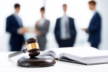wooden court hammer on a table in a lawyer's office during the discussion of a criminal case close-up