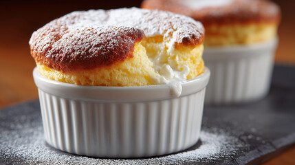 温かい焼き立てのスフレに粉砂糖を振りかけた、とろけるような美味しそうな瞬間