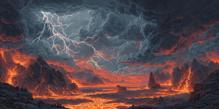 Volcanic landscape, lightning storm. Dark, fiery mountains, molten lava flows, ominous clouds