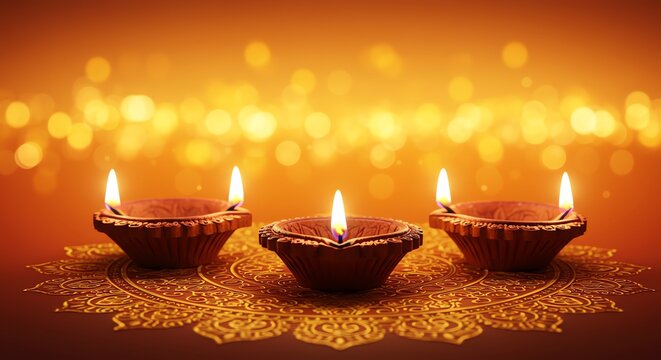 Clay diyas with lit candles and ornate mat