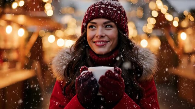 Woman Smiles While Holding Hot Drink at Outdoor Christmas Market During Snowy Winter Evening
