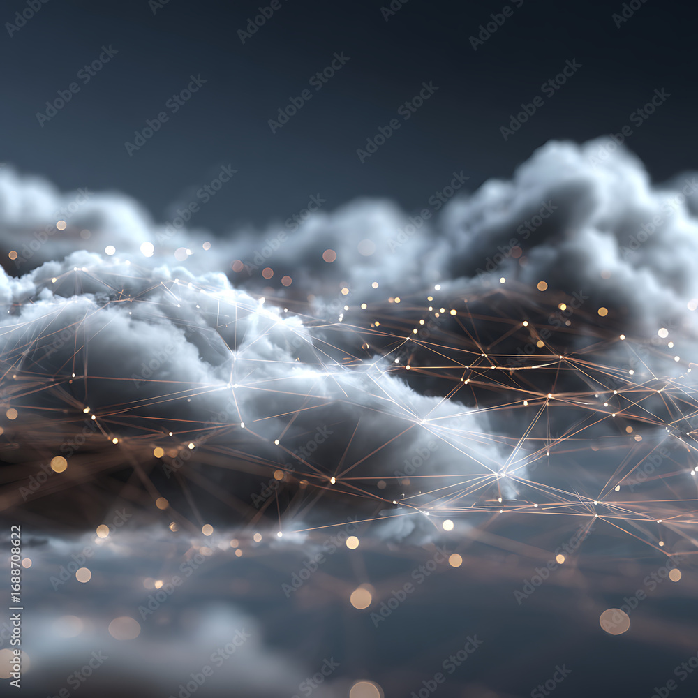 Poster abstract network of clouds with connected lines and glowing particles, representing data and innovat