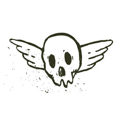 Skull with wings doodle black white cute cartoon spooky horror punk gothic illustration