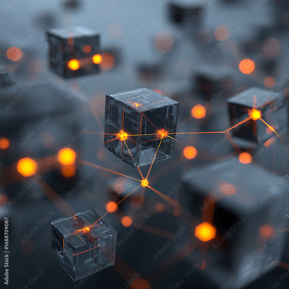 Aufkleber dynamic 3d cubes with glowing connections, representing blockchain technology, data transfer, and di