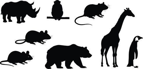 Silhouette wild animals collection, rat, bear, monkey, rhino, horse, giraffe, penguin, zoo wildlife vector set, nature illustration