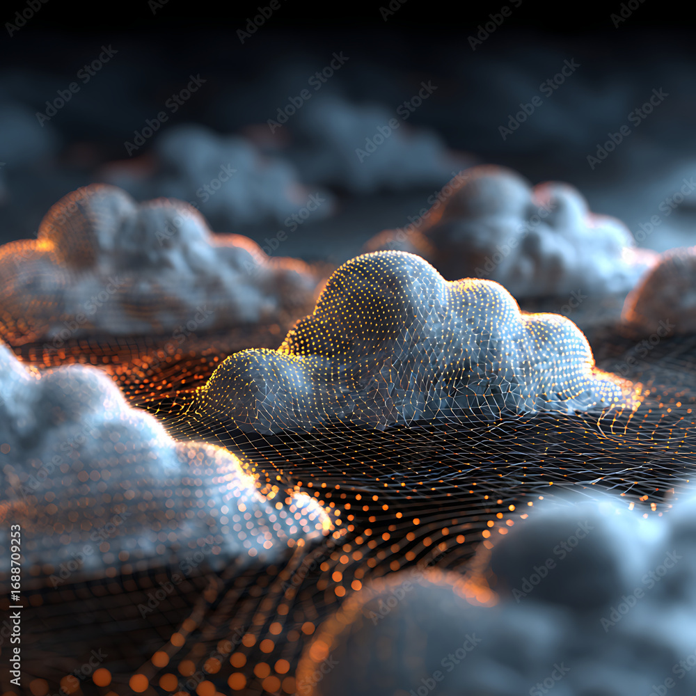 Poster abstract cloud computing concept with glowing data network, perfect for tech, ai, and future innovat