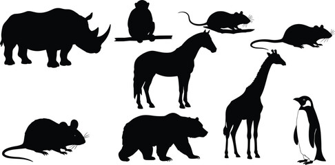 Silhouette wild animals collection, rat, bear, monkey, rhino, horse, giraffe, penguin, zoo wildlife vector set, nature illustration
