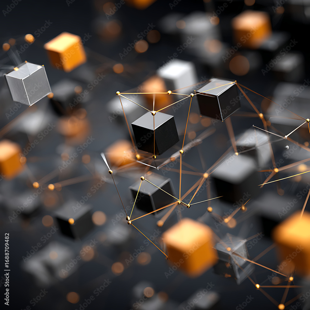Poster dynamic 3d abstract cubes connected by lines and dots, perfect for technology, business, and data vi
