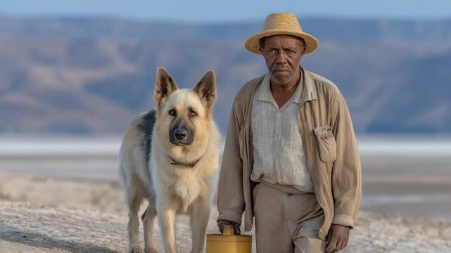 High-quality 8K photo of a dry, overgrazed riverbed featuring a shepherd, water can, and cracked earth in a barren landscape.