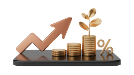 Watch your investments grow with this stunning visual of rising coins, a flourishing plant, and an upward trending graph symbolizing financial success and economic prosperity.