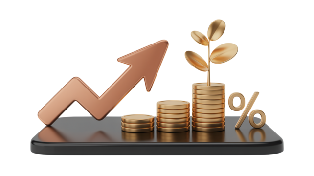 Watch your investments grow with this stunning visual of rising coins, a flourishing plant, and an upward trending graph symbolizing financial success and economic prosperity.