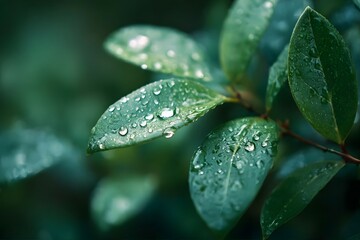 dewy green leaves under sunlight.