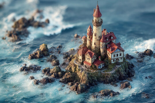 A breathtaking view of a mystical castle perched on a rocky island surrounded by charming houses - Powered by Adobe
