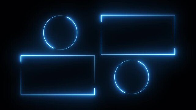 glowing blue neon rectangles and circles abstract background. abstract glowing rectangle border frame on black background