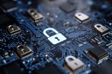 Close-up of a circuit board with multiple padlocks, highlighting digital security
