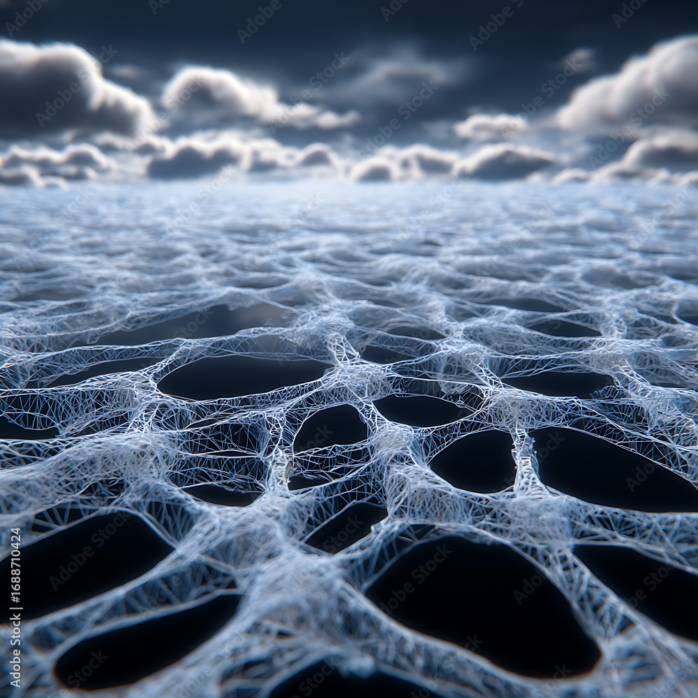 Poster abstract network of interconnected structures with dramatic cloudy sky, perfect for modern design pr
