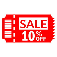 Bright red sale ticket 10 percent off coupon isolated on transparent background