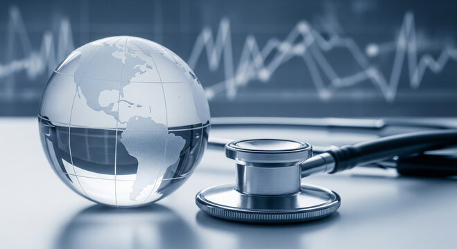 Global healthcare concept with a glass globe, stethoscope, and financial chart, illustrating the interconnectedness of health and the global economy