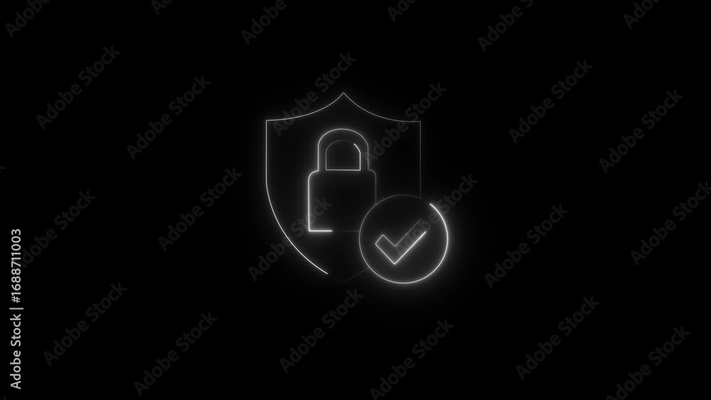 Poster neon lock icon animation on black background. white color lock icon cybersecurity and checkmark and 