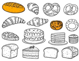 Collection of hand-drawn bakery goods
