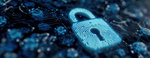 Futuristic security lock with fingerprint access on a circuit board