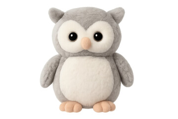 Adorable grey and white plush owl toy on transparent background