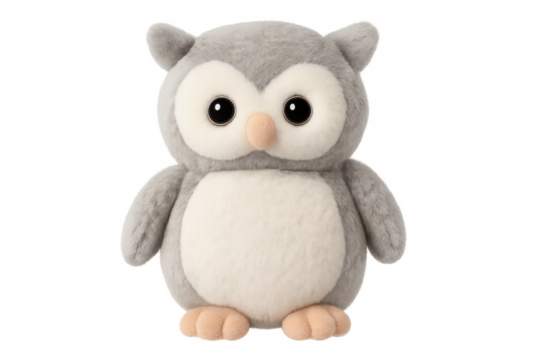 Adorable grey and white plush owl toy on transparent background