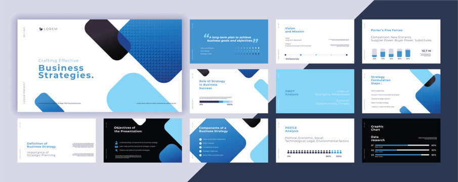 Abstract powerpoint presentation templates set, blue color identity presentation background, banner template, brochure, landing page, company profile, business design package set, vector illustration.