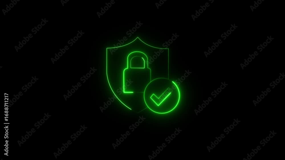 Poster neon lock icon animation on black background. white color lock icon cybersecurity and checkmark and 