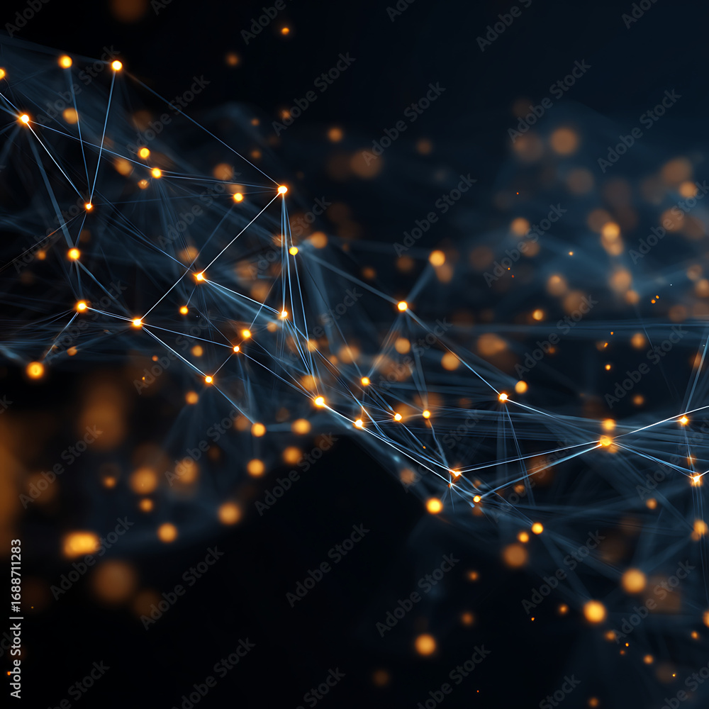 Poster dynamic digital network connecting data points with glowing nodes representing innovation and techno