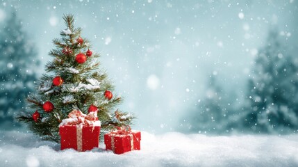 Obraz premium A decorated Christmas tree adorned with red ornaments stands amidst a snowy landscape, accompanied by colorful gift boxes, creating a magical winter atmosphere surrounded by soft snowfall.