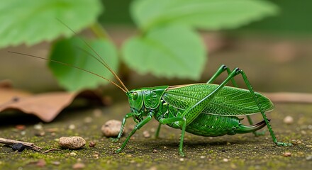 Fototapeta premium Emerald Insect's Stance, Captivating shot of a vibrant green grasshopper poised on a textured surface, with lush leaves, highlighting nature's intricate details