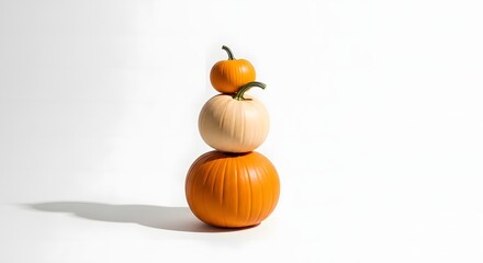 Three pumpkins stacked on each other, with varying sizes and colors, against a white backdrop.