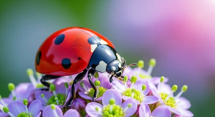 Fototapeta premium Ladybug on Vibrant Flower, A close-up shot of a vibrant ladybug, resplendent in its iconic red and black shell, perched delicately upon a delicate lavender flower.