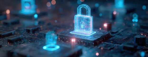 A glowing digital padlock hovers over a complex circuit board.  Intricate details of the circuit are visible.  Blue light illuminates the padlock and various components