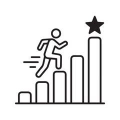Career growth line icon. Person climbing stairs of a bar chart towards a star, symbolizing success, achievement, and progress. Vector illustration for motivation and reaching goals.
