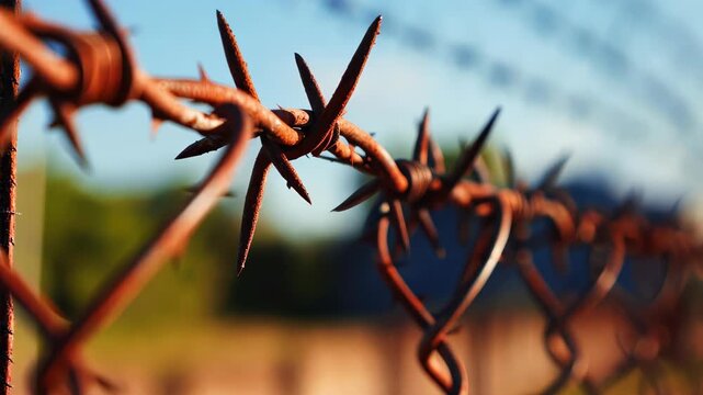 A close-up image showcasing barbed wire set against a visually blurred garden background, emphasizing the contrast between safety and danger in outdoor settings.
